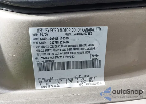 2001 Mercury Grand Marquis Ls z USA, uszkodzony, nr VIN 2MEFM75W21X629863